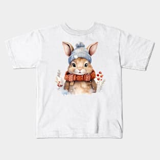 Cute bunny in a warm hat and scarf Kids T-Shirt